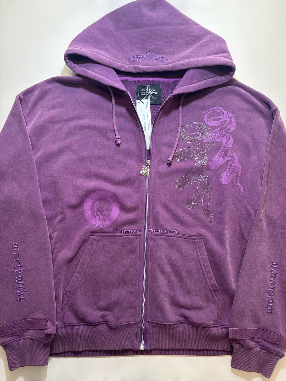 Y2k rhinestone snake unknown embroidered purple/pink zip up hoodie with pendant